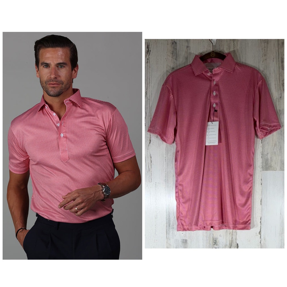 Collars & Co Mens Polo Shirt Size Small Dress Collar Red Houndstooth Stretch NWT